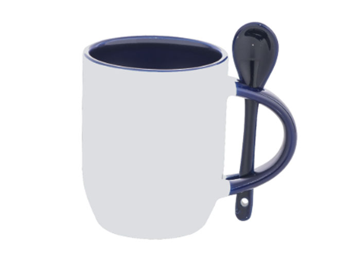 Caneca Cerâmica com Colher Oval Azul Marinho
