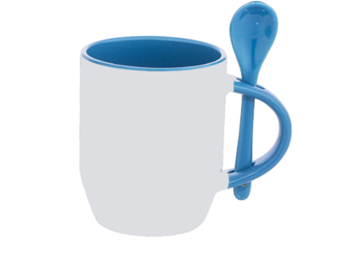 Caneca Cerâmica com Colher Oval Azul Claro