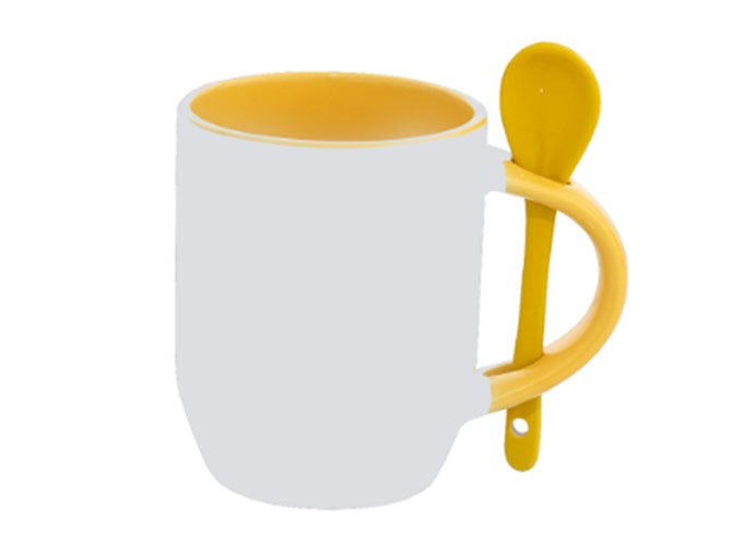 Caneca Cerâmica com Colher Oval Amarelo