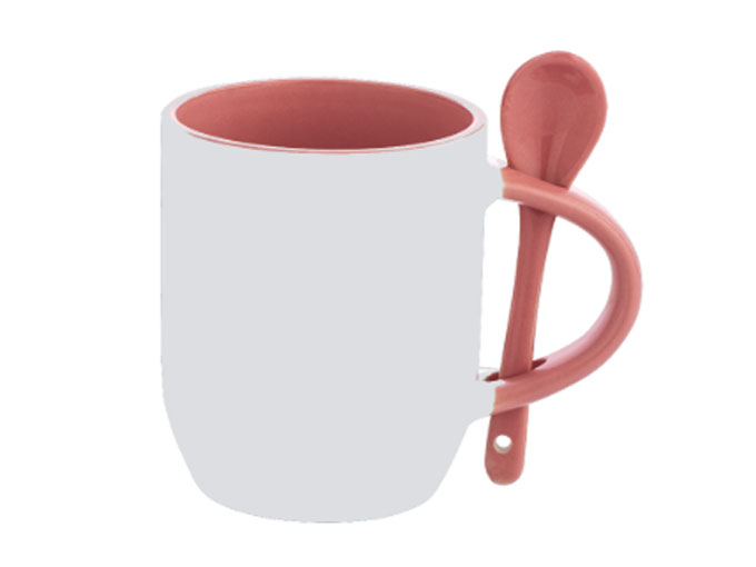 Caneca Cerâmica com Colher Oval Rosa